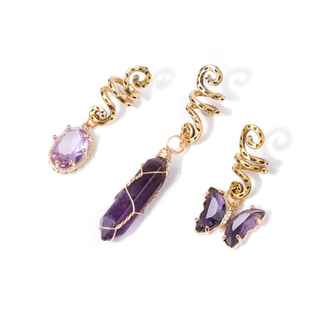 3pcs/set Crystal Hair Jewelry For Women Hexagonal Column Butterfly Charm Dreadlock Headwear Dangle Dreadlock Hair Accessories
