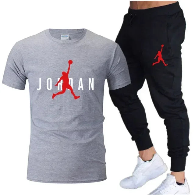 Summer Men's Tracksuit Suit Brand Short Sleeve T-Shirt + Trousers 2-Piece Sets Fitness Jogging Sports Pants Sportswear Suit