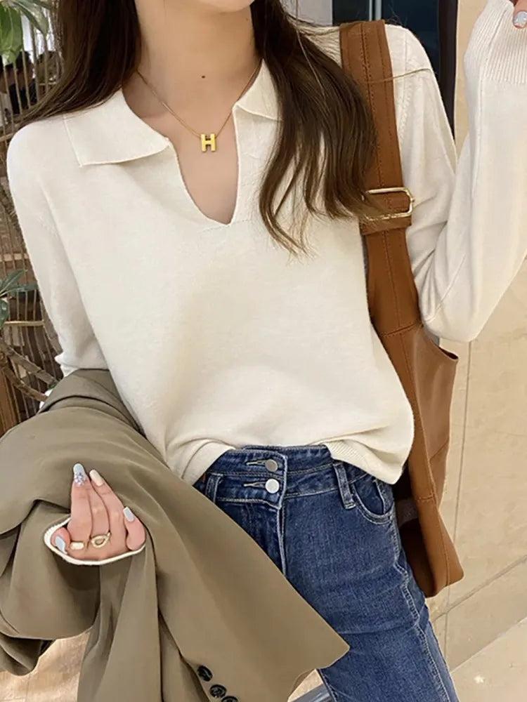 Polo Neck Sweater Pullovers Long Sleeve Tops Women Autumn Winter Clothes Knit Soft Jumper Streetwear Simple Sweater