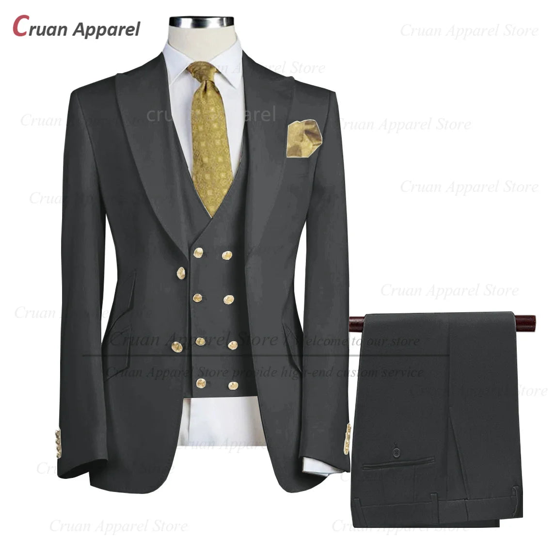 Tailor-made Brand Suits for Men Slim fit Prom Wedding Groom Tuxedo Set Party Gold Buttons Blazer Vest Pants 3 Pieces