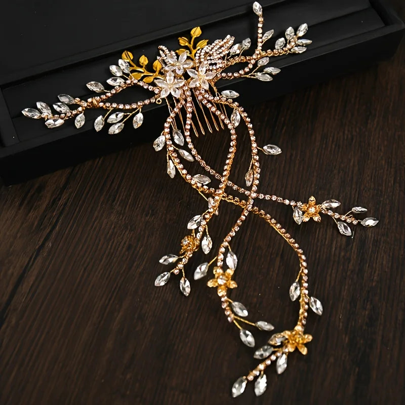 Gold Color Crystal Pearl Hair Comb Headband For Women Bride Party Bridal Wedding Hair Accessories Jewelry Comb Headband