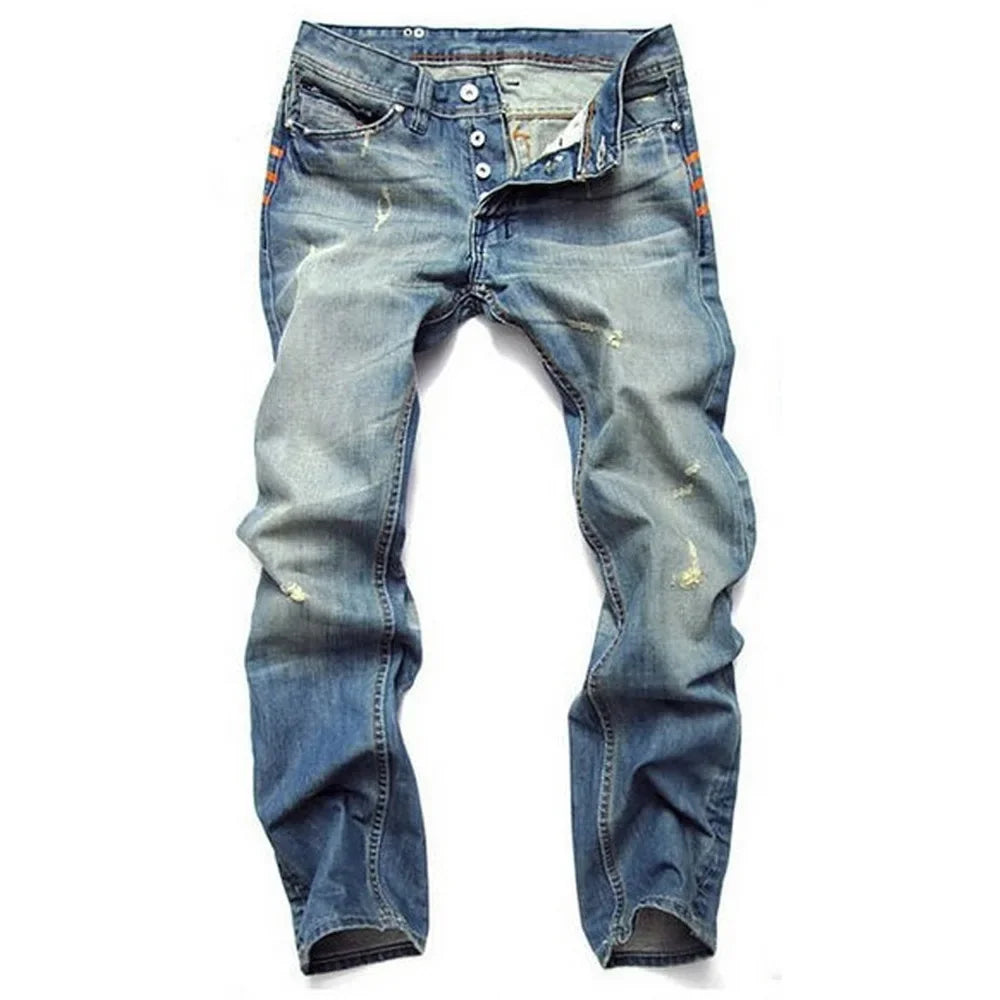 Vintage Straight-Leg Slim Fit  Jeans With Button Fly Casual Style Dark Blue Stretchy Comfortable Fit For All Seasons