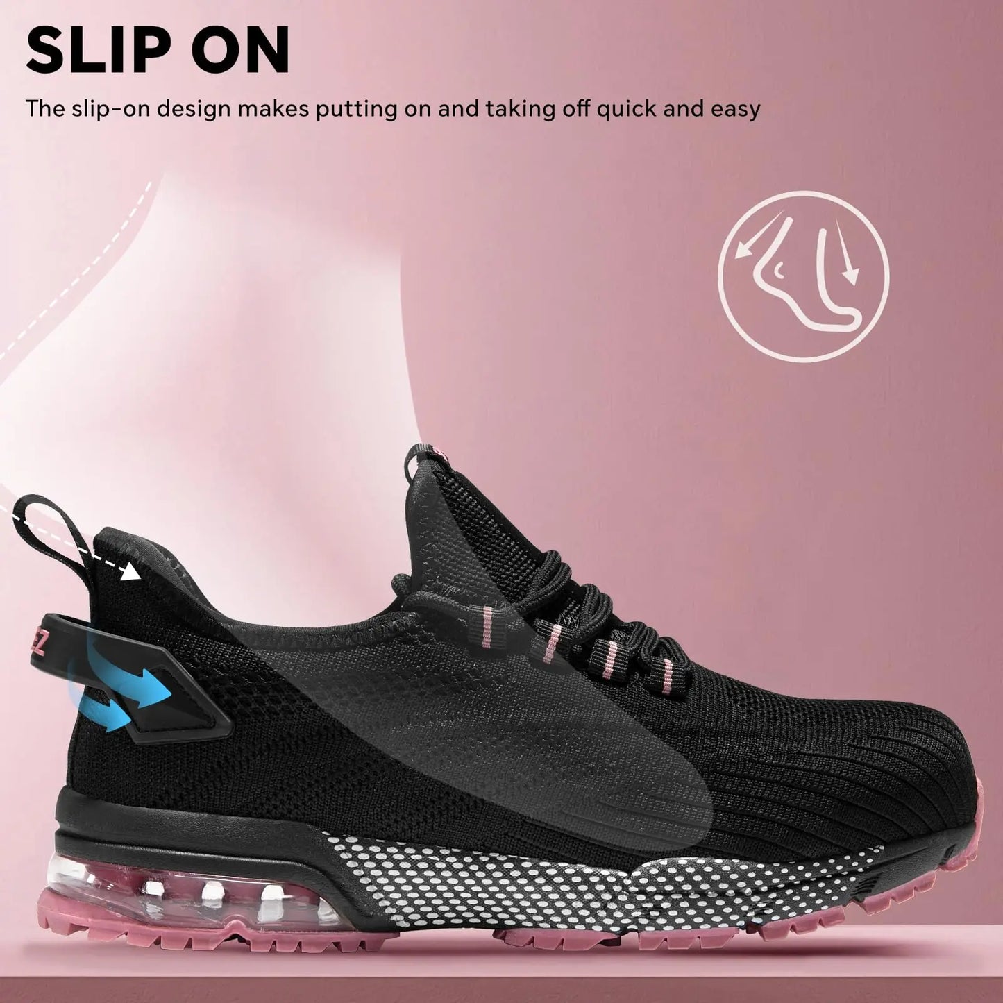 Safety Shoes for Women, Lightweight Non Slip Work Shoes, Air Cushion Safety Sneakers for Work and Daily Wear Black/Pink