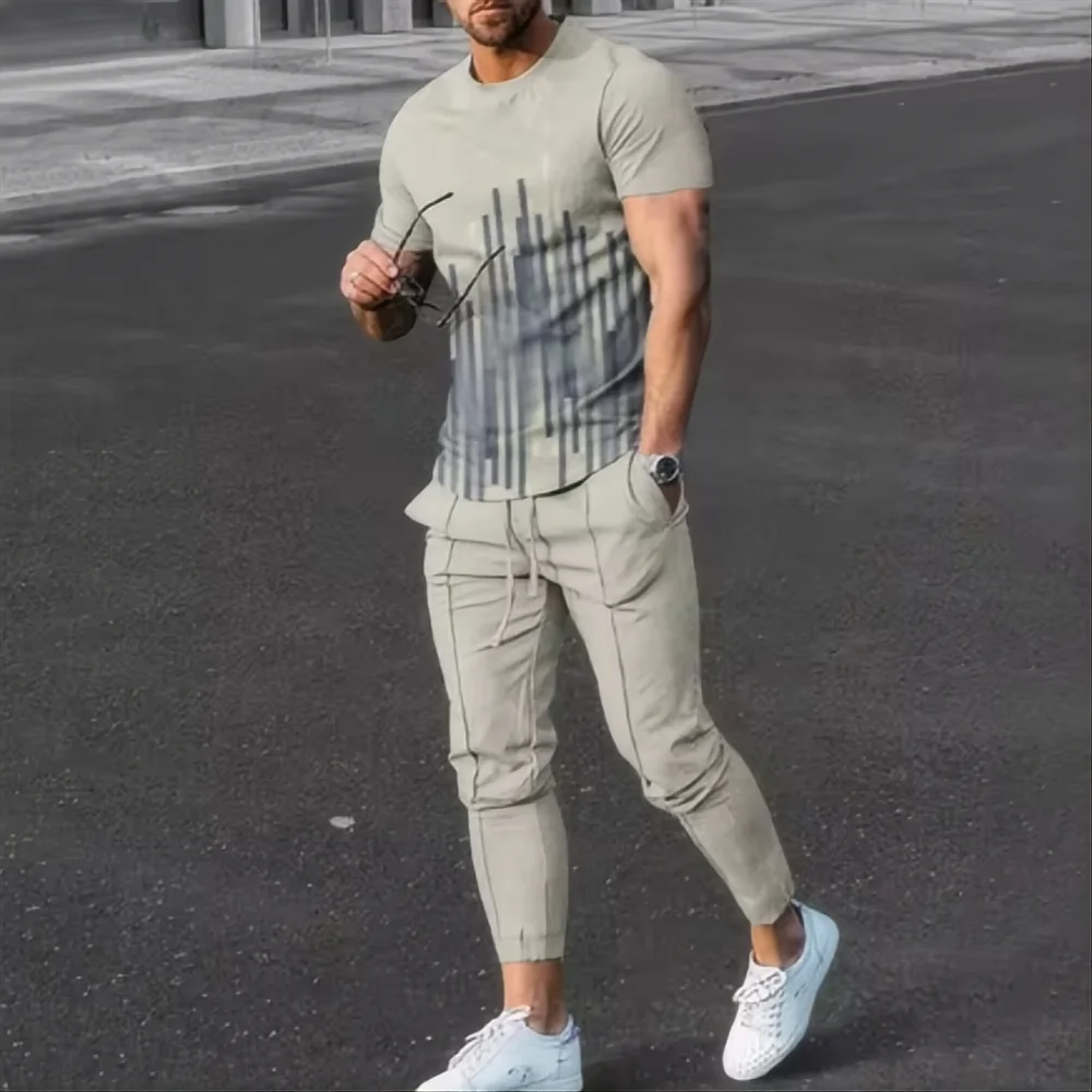 Summer fashion men's T-shirt suit sportswear 3D printed sportswear short sleeved T-shirt long pants street wear 2-piece set