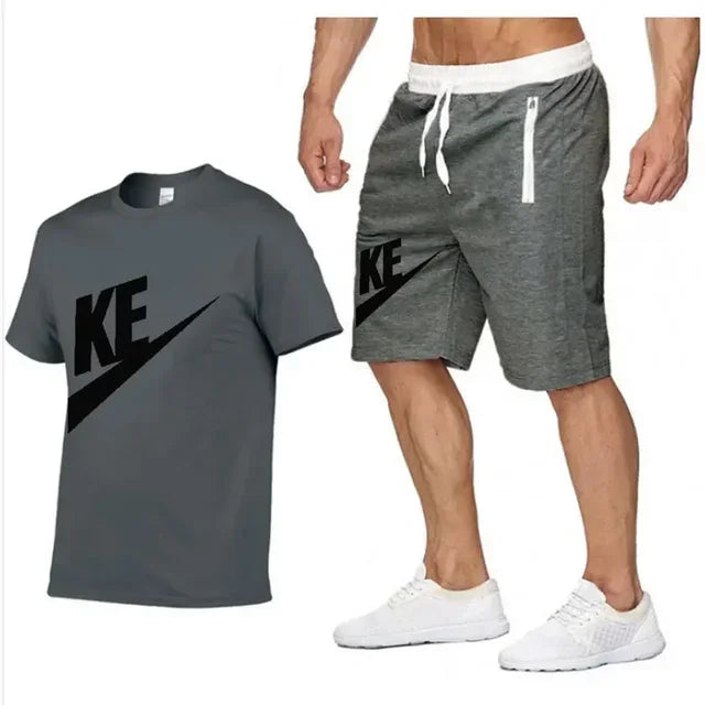 Summer men's printed round neck short-sleeved T-shirt + five-point shorts two-piece fitness sports fashion leisure suit