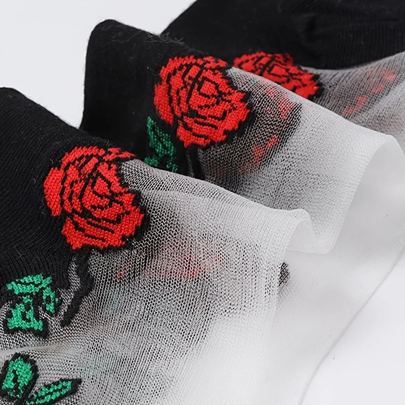 5 Pairs Mesh Floral Print Mid Calf Socks Crystal Glass Short Thin Socks Women's Stockings Hosiery