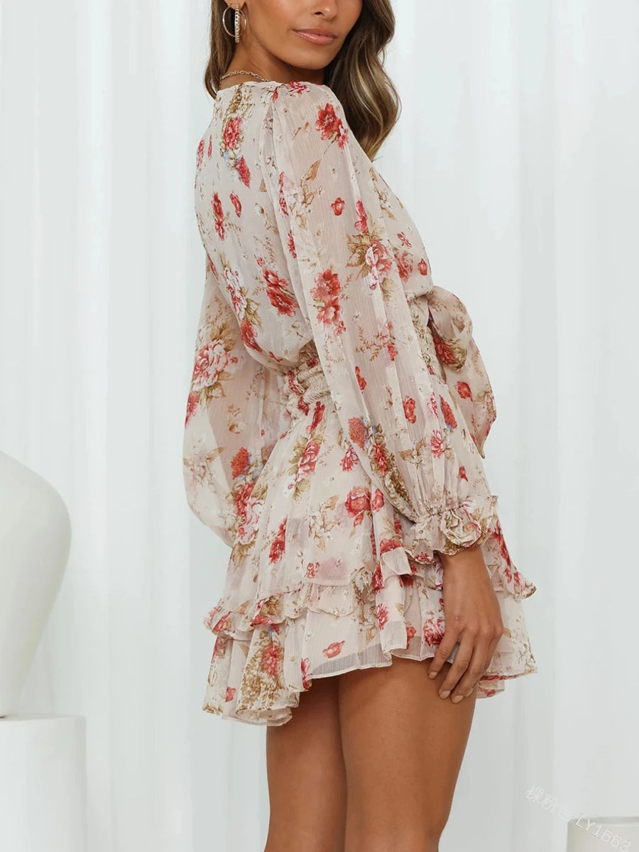 Casual Mini Dress Floral Print Deep V-Neck Tie-Up Long Sleeve  Ruffles Dress