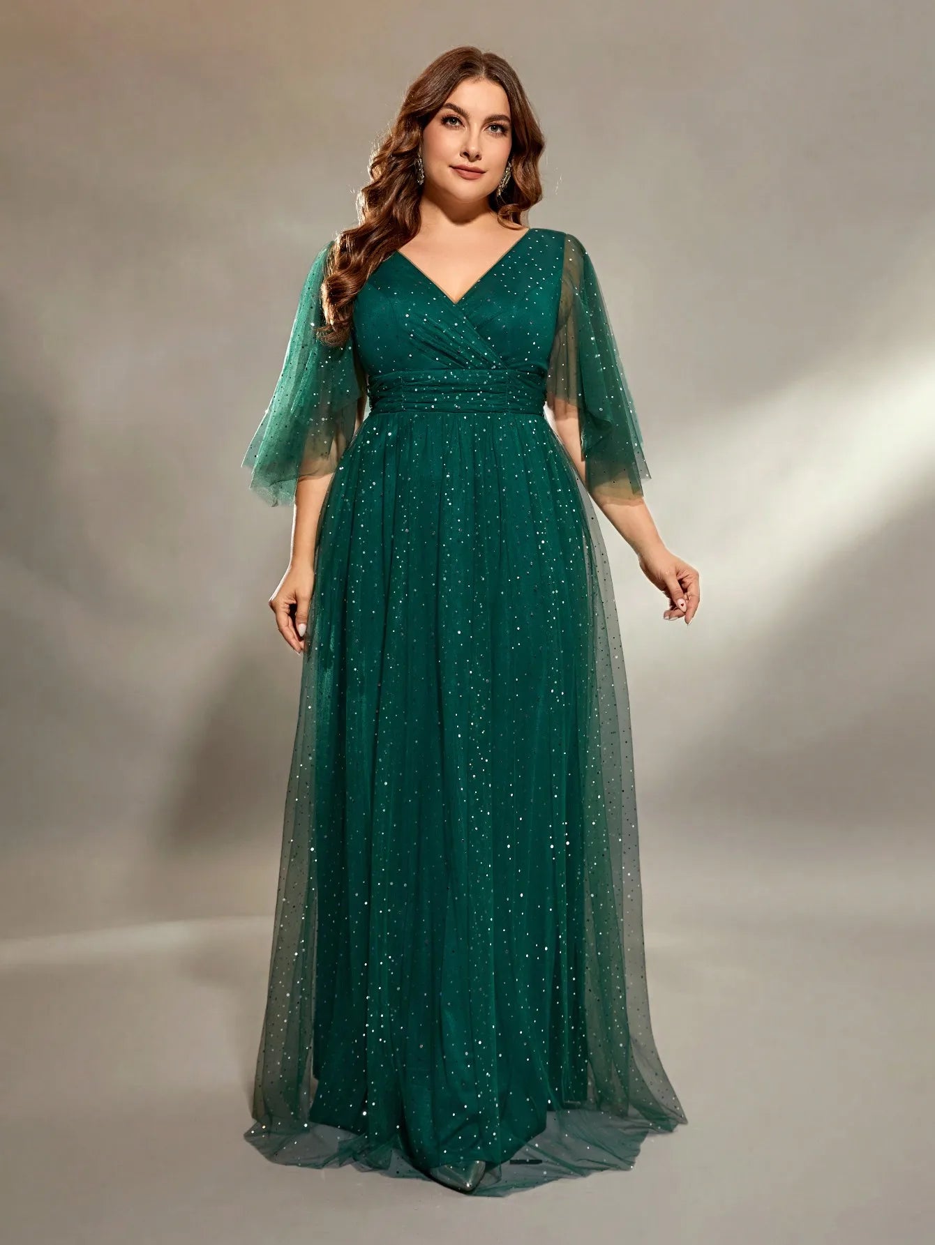Plus size V-neck cross chest pleats long sleeve fillet netting A full skirt Evening gown Ball dress Prom dress