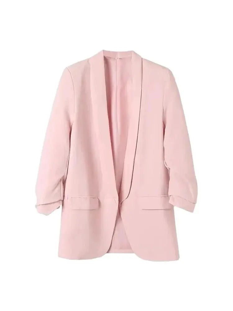 Fashion Office Wear Open Blazer  Vintage Long Pleated Sleeves Flap Pockets Female Outerwear Chic Tops