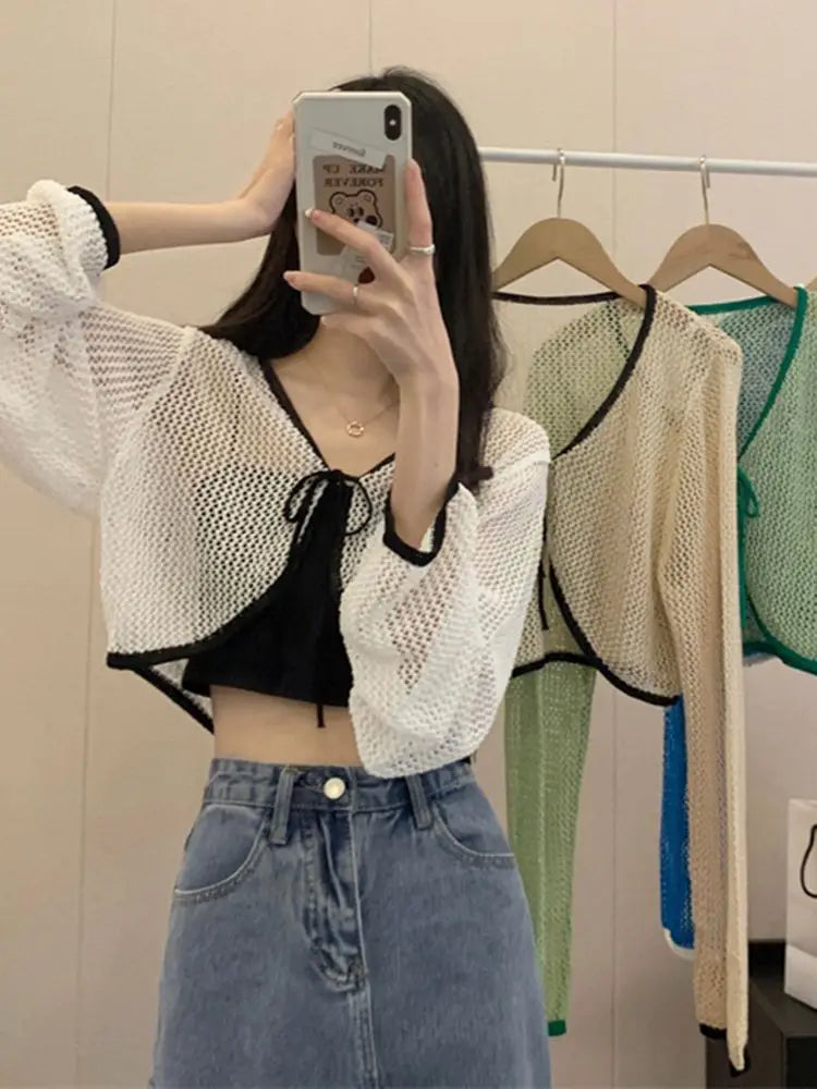 Sun Dried Knitted Cardigan for Women's Spring Thin Design Short Hollow Lace Up Long Sleeved Top