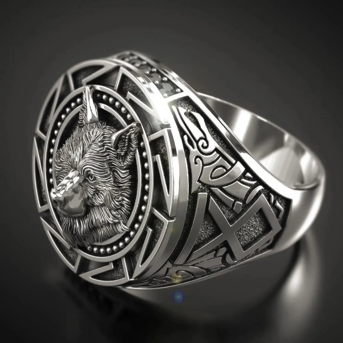 Retro Wolf Totem Nordic Mythology Viking Warrior Wolf Head Men Ring Geometric Design