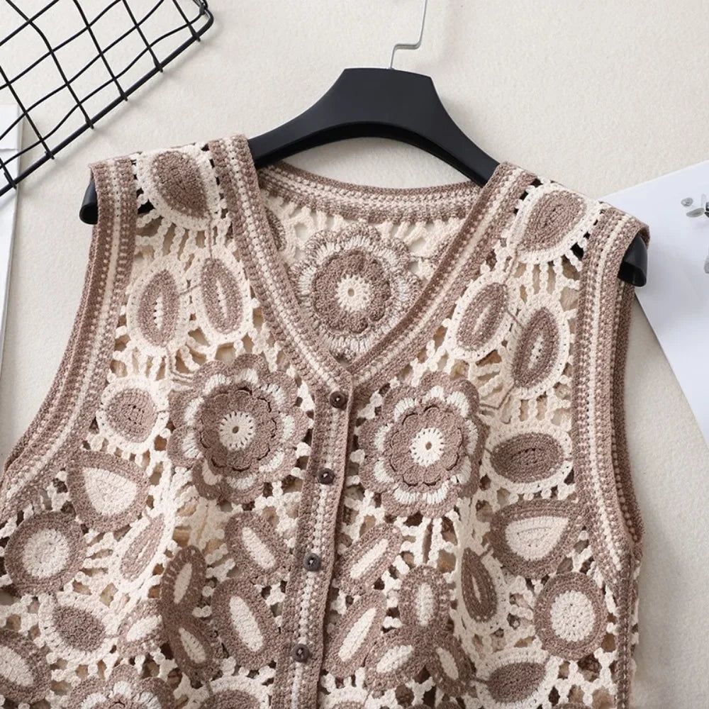 Sexy Hollow Out Knit Tank Tops Women Color block  V Neck Floral Camisole Female Beach Style Crop Top