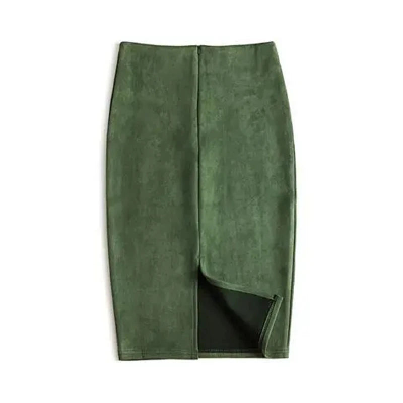 Suede  Knee Length High Waist Office Skirt