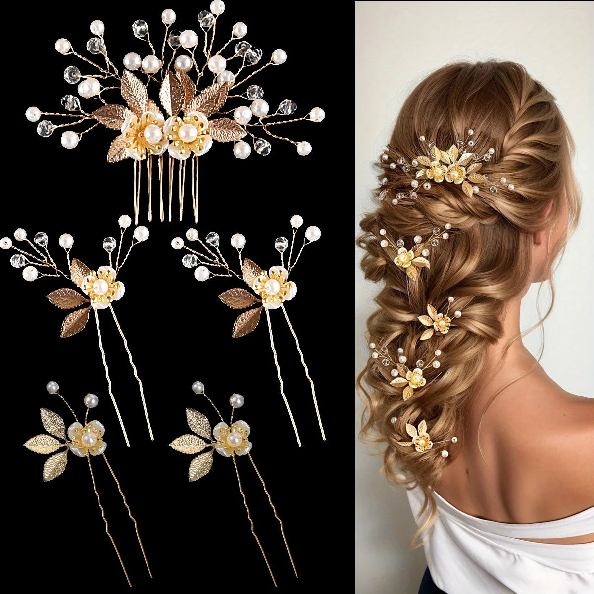 Pearl Flower Hair Comb  Wedding Hairpin Alloy Leaf  Shaped Hair Clips Floral Headpiece Bridal Hair Jewelry Accessories