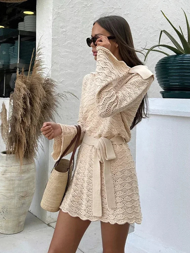 Sexy Shirt Dress V-neck Bell Sleeve Hollow Out Knitted Belted Beach Mini Dress Summer Swimsuit Cover Up Women's Casual Outfit