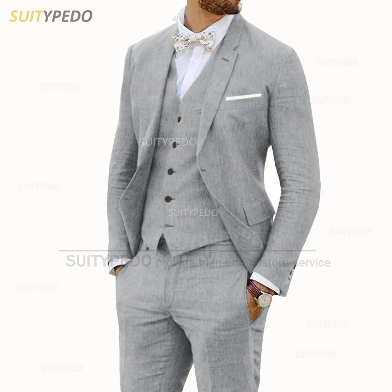 Linen Suits for Men 3 Pieces Casual Slim Fit Suit Blazer Vest Pants Set Formal Prom Wedding Tuxedos for Groomsmen Best Man