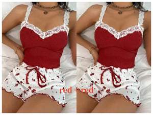 Women 2pc Pajama Set Pink Lace Patchwork V-Neck Sleepwear Sexy Nighties Suit Cami Top Printed Shorts