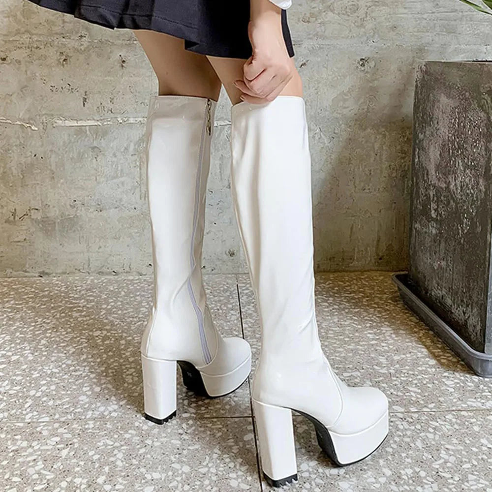 Round Toe Chunky Heel Platform  Knee High Boots  Stylish Comfortable Side Zipper