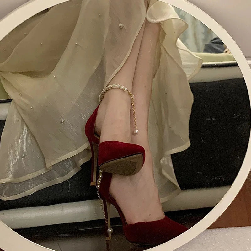 Pearl Strap Sexy Pointed Toe Fine High Heel