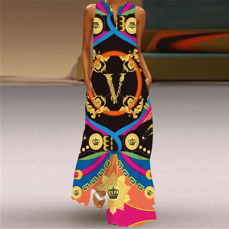 Vintage Print Maxi Dress For Women Summer Loose Sleeveless Long Dresses Elegant Lady V Neck Pocket Boho Beach Sundress Vestidos