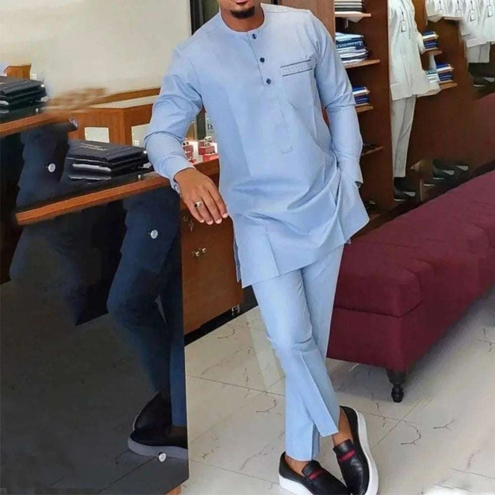 Men's  Wedding 2-Piece Suit Waist Pants Shirt Solid Color Panel Long Sleeve Party African Ethnic Style Clothing