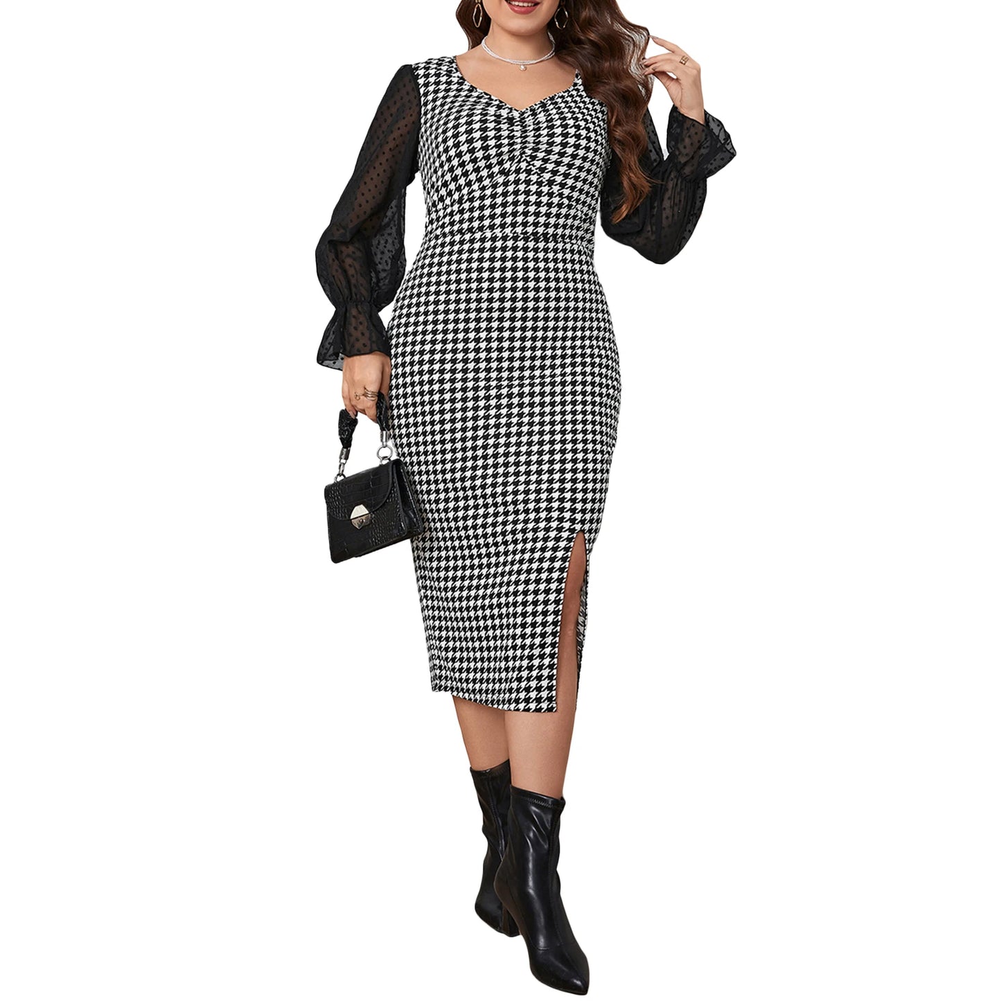Checkered Print Maxi Dress Long Sleeve V Neck Empire Waist