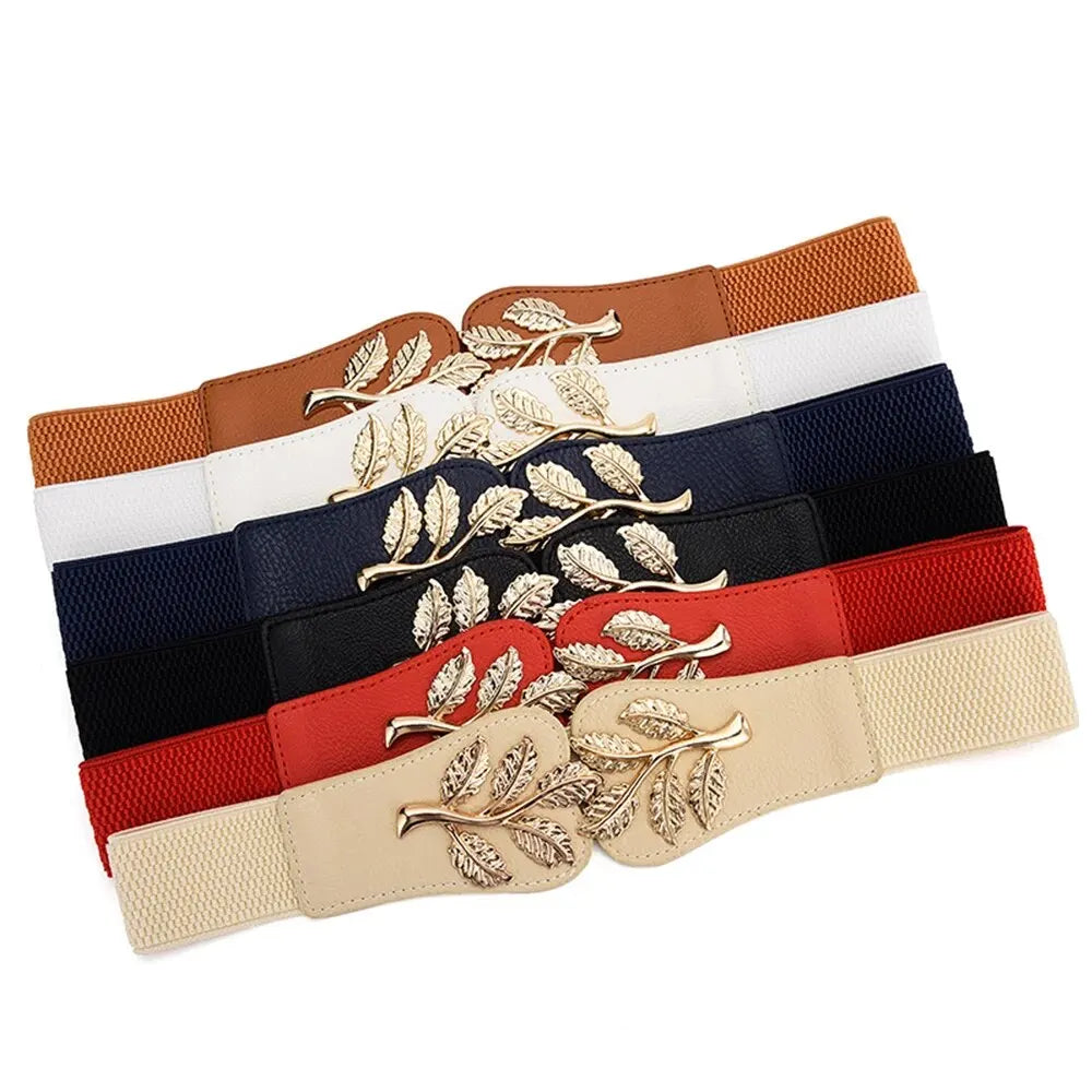 Women's Belt Fashion Waist Cover Golden Leaf Elastic Waist Closure With Double Hook Buckle Wide Belts Paired With Skirt