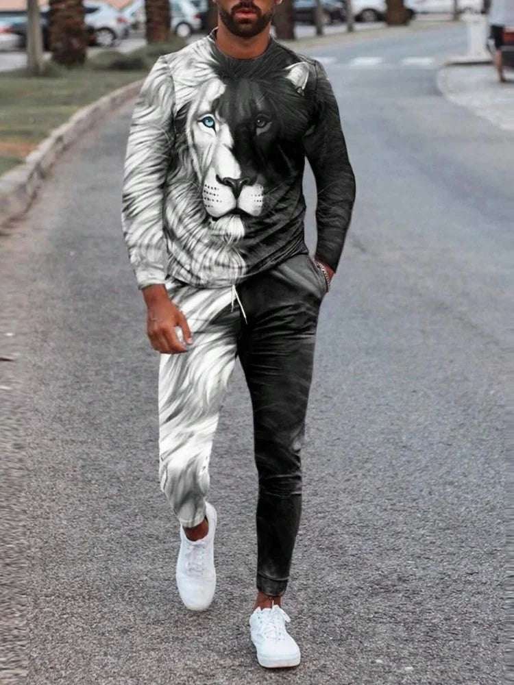 Simple Geometric Print Men's Fall Fashion Casual Crew-neck Tops And Pants Urban Street Fashion Trends Men's Tops And Long Styles