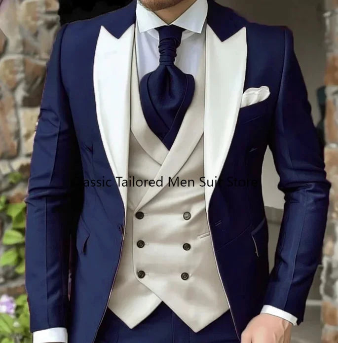 Elegant Wedding 3 Piece Jacket Pants Vest Full Set Luxury Single Breasted Peak Lapel  Male Clothing Men's Suits Blazer