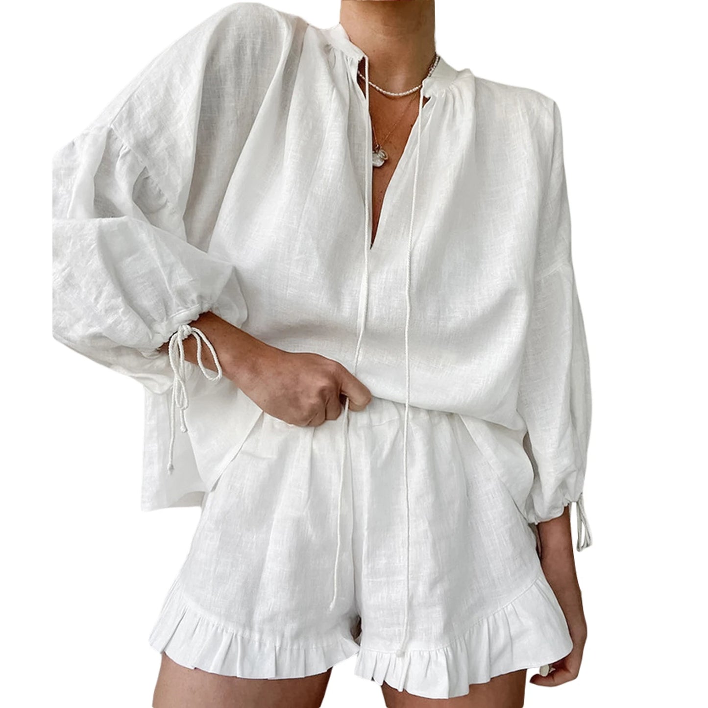 Casual Women s Summer Outfit Stylish Long Sleeve V-Neck Top with Tie-Up Detail and Elastic Waist Shorts Set for a Chic Look