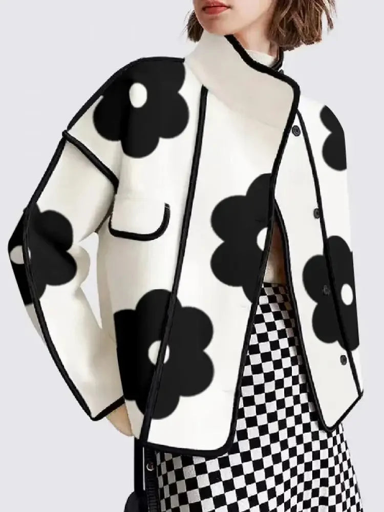 Spring Long Sleeve Button Stand Collar Thin Coats Outerwear Elegant Flower Print