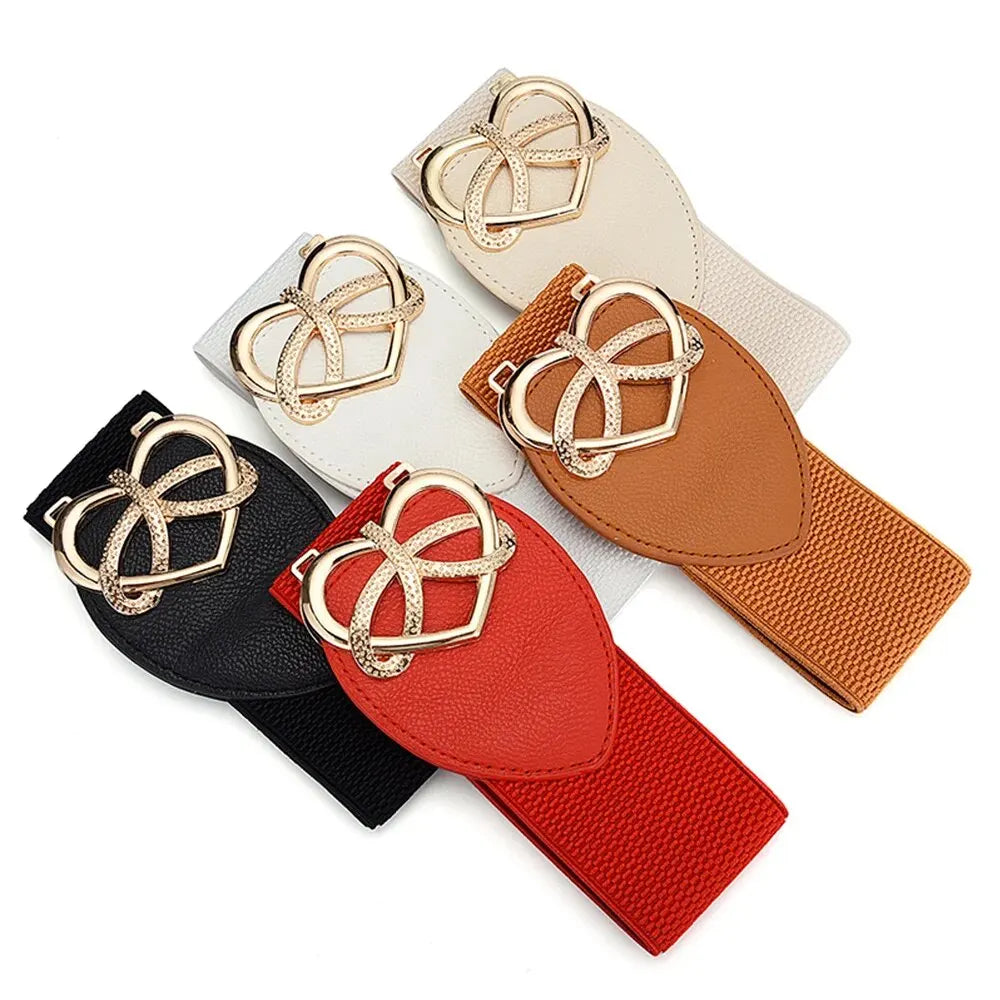 Women's Waist Cover Fashionable Golden Buckle Elastic Waist Closure With Double Hook Buckle Wide Belt