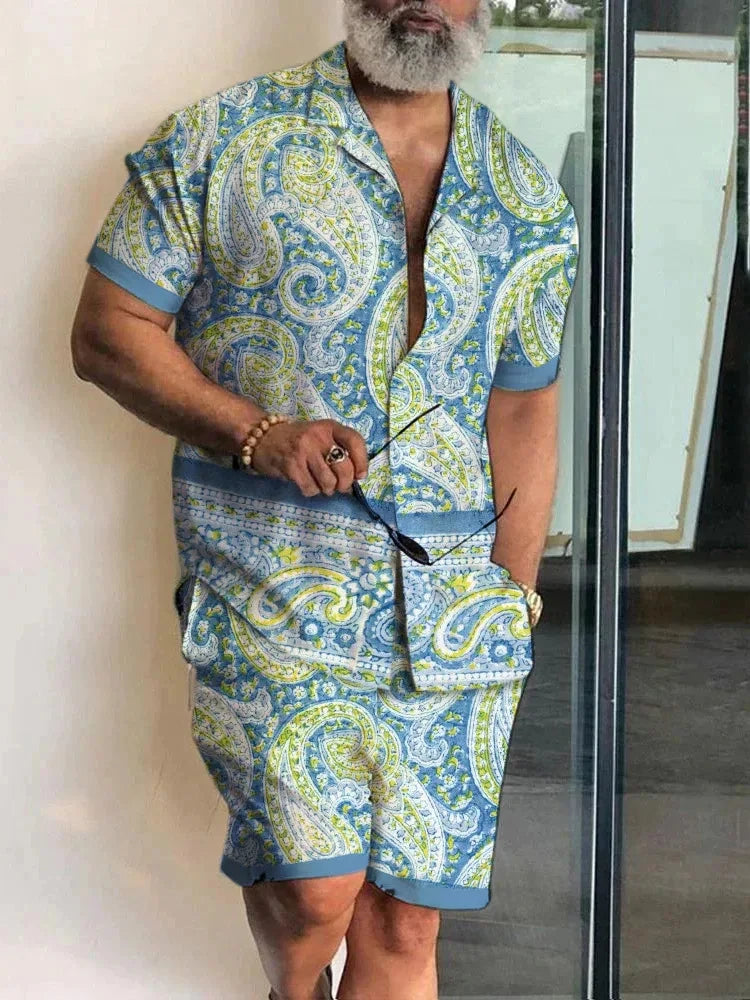 Summer Men's Temperament Shirt Set Men's Hawaii Vacation Short Sleeve Top Drawstring Shorts 2 Pcs Boutique