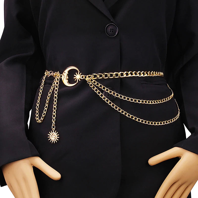 Women Waist Chain Belt for Dress Skirt Belts with Moon Star Waistbands Gold Silver Ladies Clothing Accessories