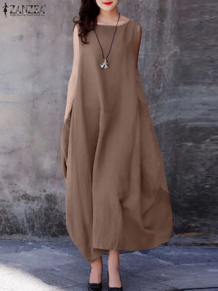 Fashion Summer Dress Women Oversized Maxi Dresses Casual Loose Solid Cotton Sleeveless O Neck
