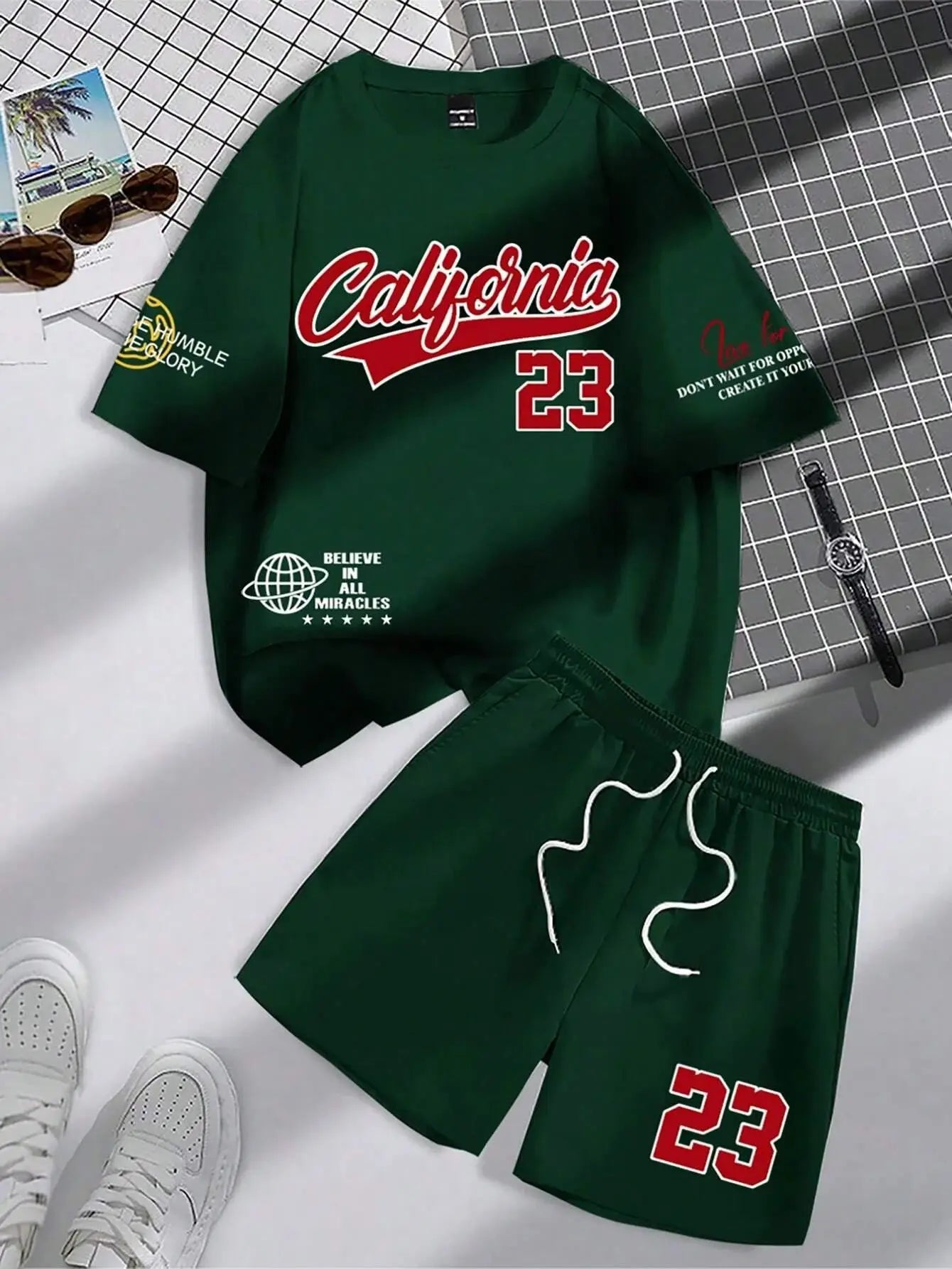 summer new trend men's suit round neck short sleeve set fashion personalized alphanumeric print round neck T-shirt and shorts