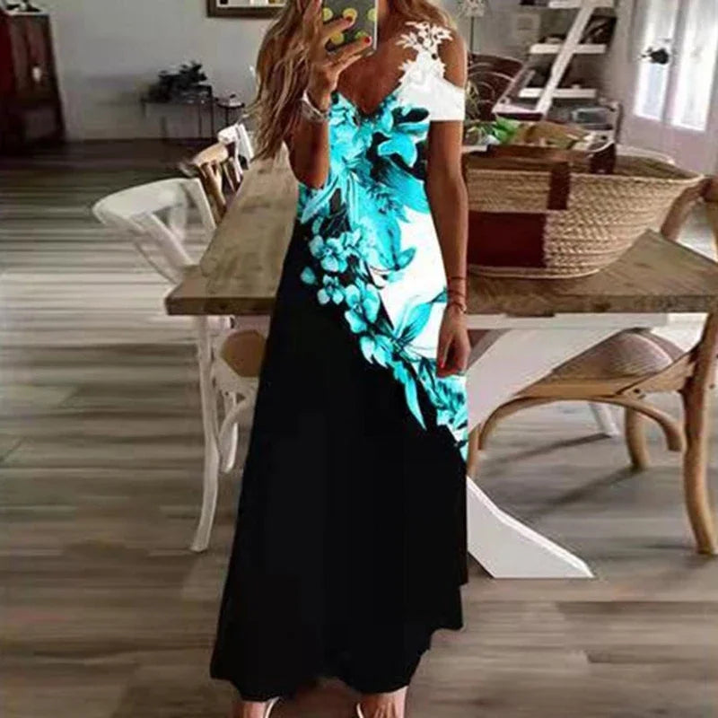 Women's Printed White Lace Cut-out Sleeves Dress Summer Fashion Casual Long Dress