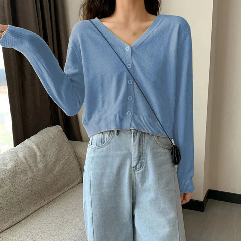 Women's Long Sleeve Cropped Cardigan V Neck Button Down Knit Single-breasted Cardigan Sweaters