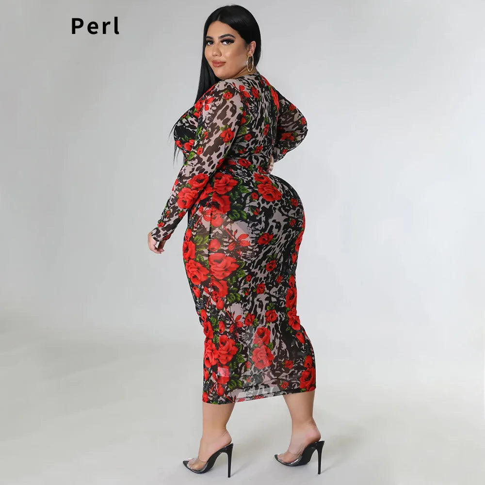Round Neck Stretch Perspective Hip Dress Printed Long Dress Plus Size Outfit for Women