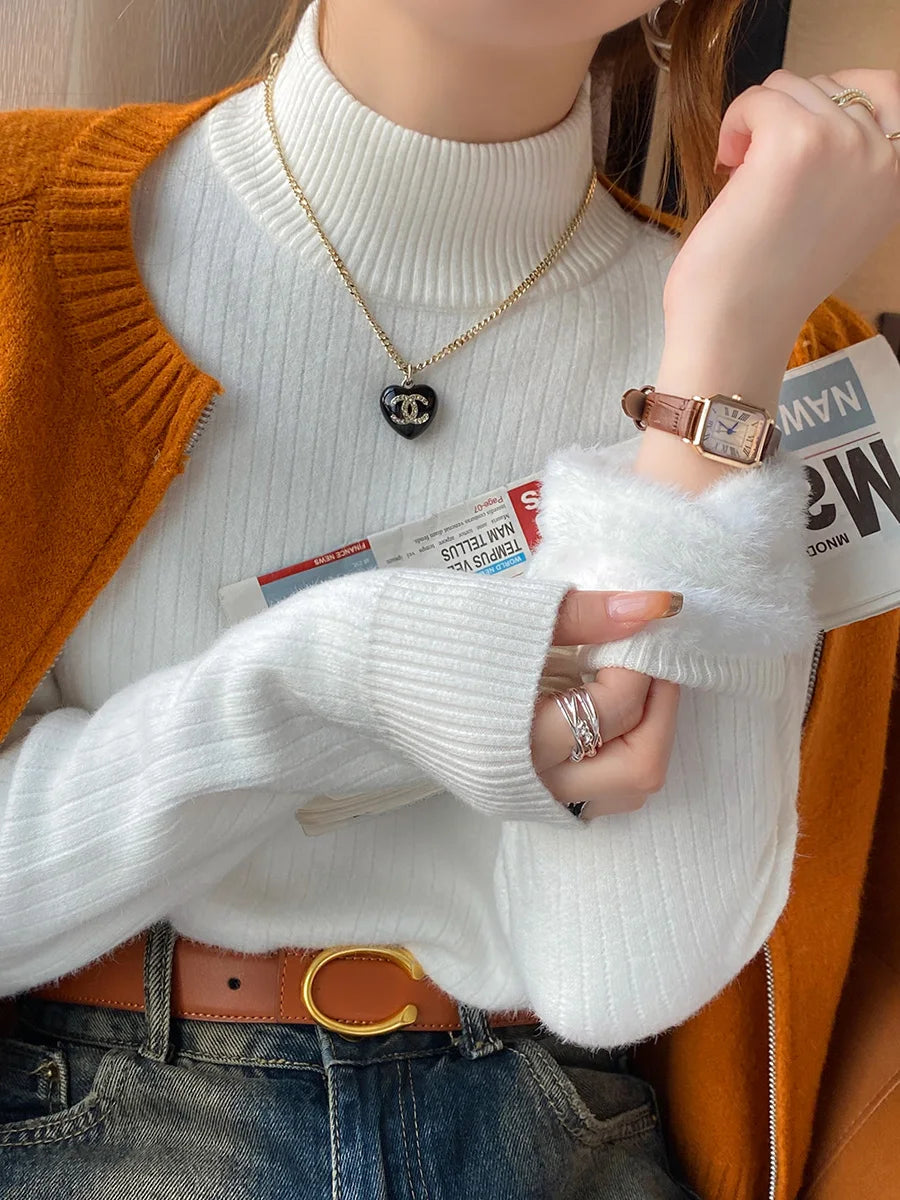 Women's Turtleneck Sweater Winter Retro Velvet Lining Thickened Inner Wear Thermal Knitting Bottoming Shirt