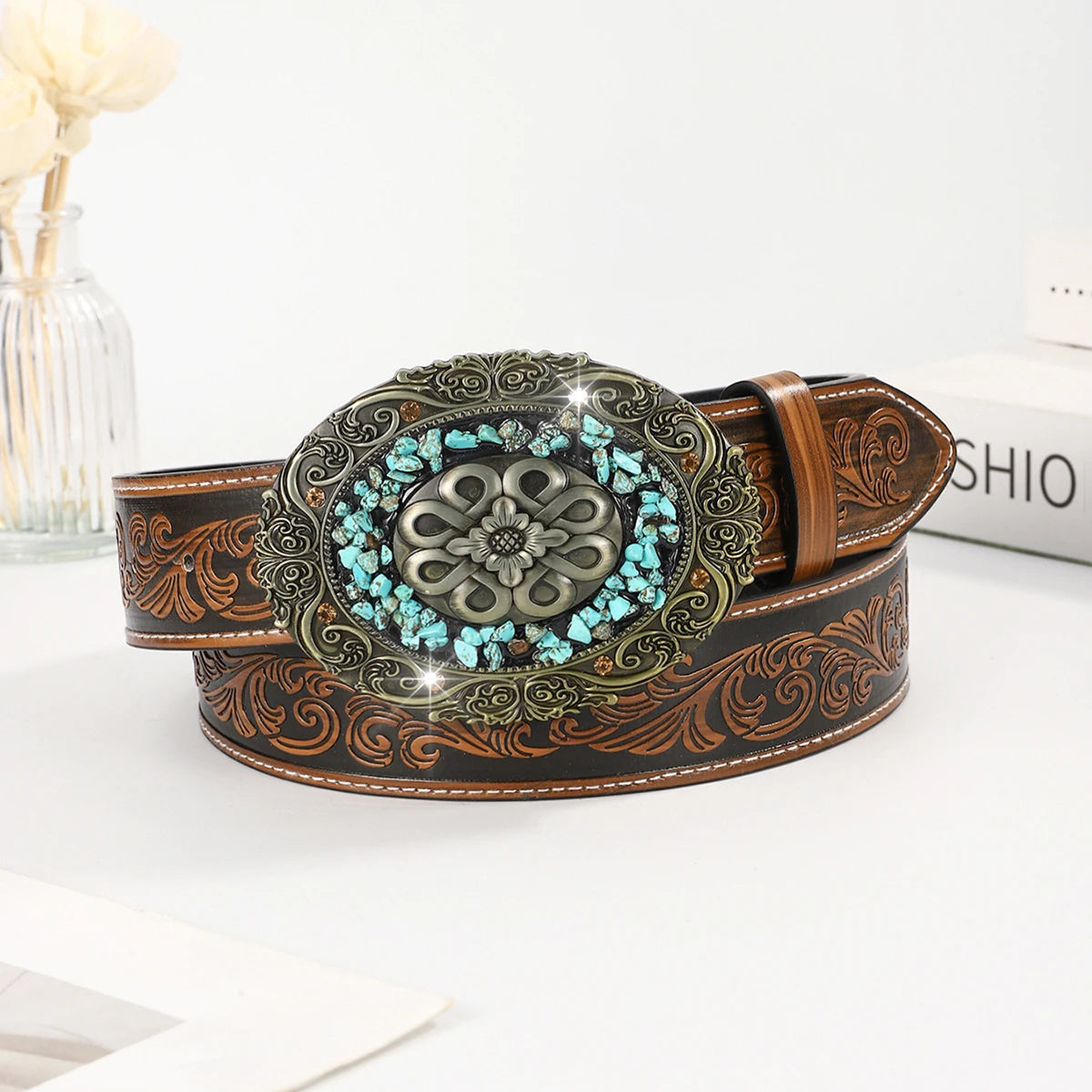 Vintage Turquoise Buckle Belt Classic Embossed Western Faux Leather Belt Vintage Denim Cowgirl Jeans Pants Belt for Women Daily