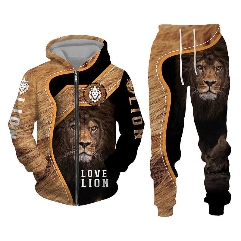Men's Tracksuit 3D The Lion Print Zipper Hoodies Sweatshirts Pants Sets Casual Men's Clothing Women's Tracksuit