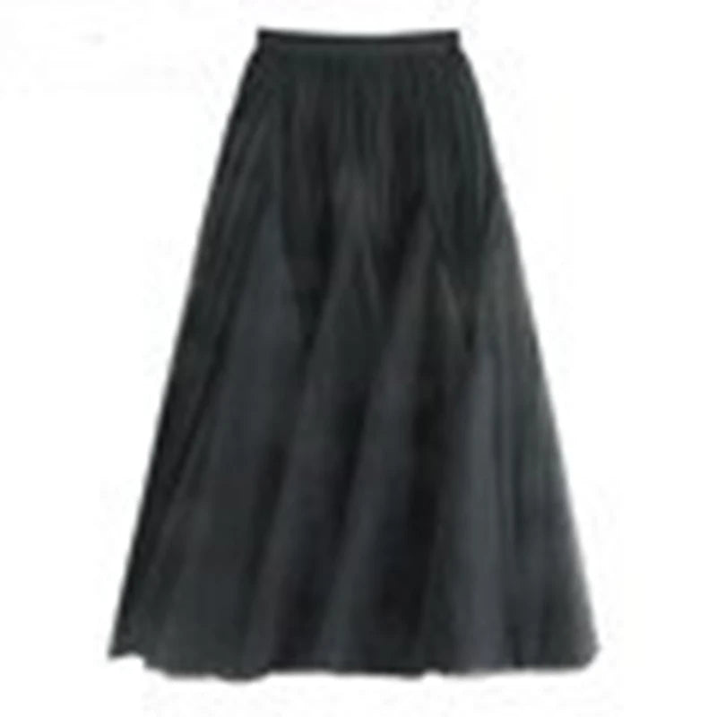 Irregular Stitching Mesh Large Swing Pleated  High Waist Mid Length Puffy Skirt