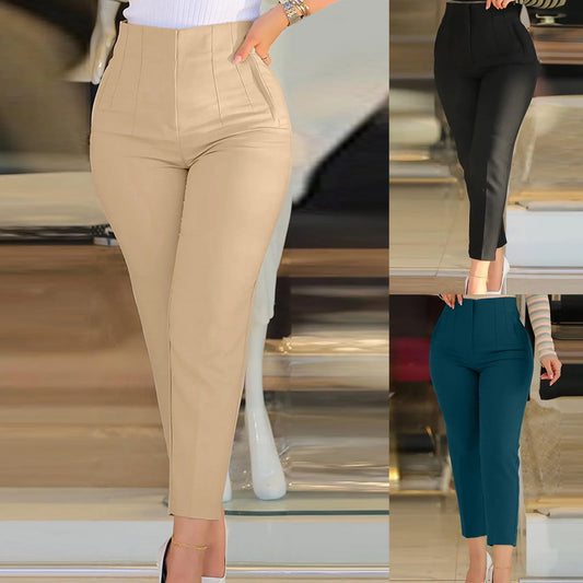 Slim Fit Women Formal Pants High Waist Cropped Trouser Workwear Solid Casual Pocket Elastic Waist Business Pant Womens