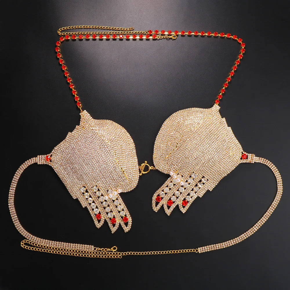 Palm Top Crystal Bikini Bra Lingerie Jewelry  Rhinestone Chest Body Chain