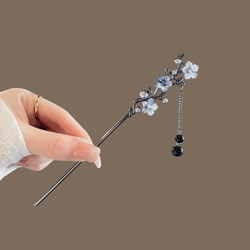 Modern Hair Stick Ink Flower Metal Tassel Hairpin Forks For Women  Beads Fringe Hair Clasp