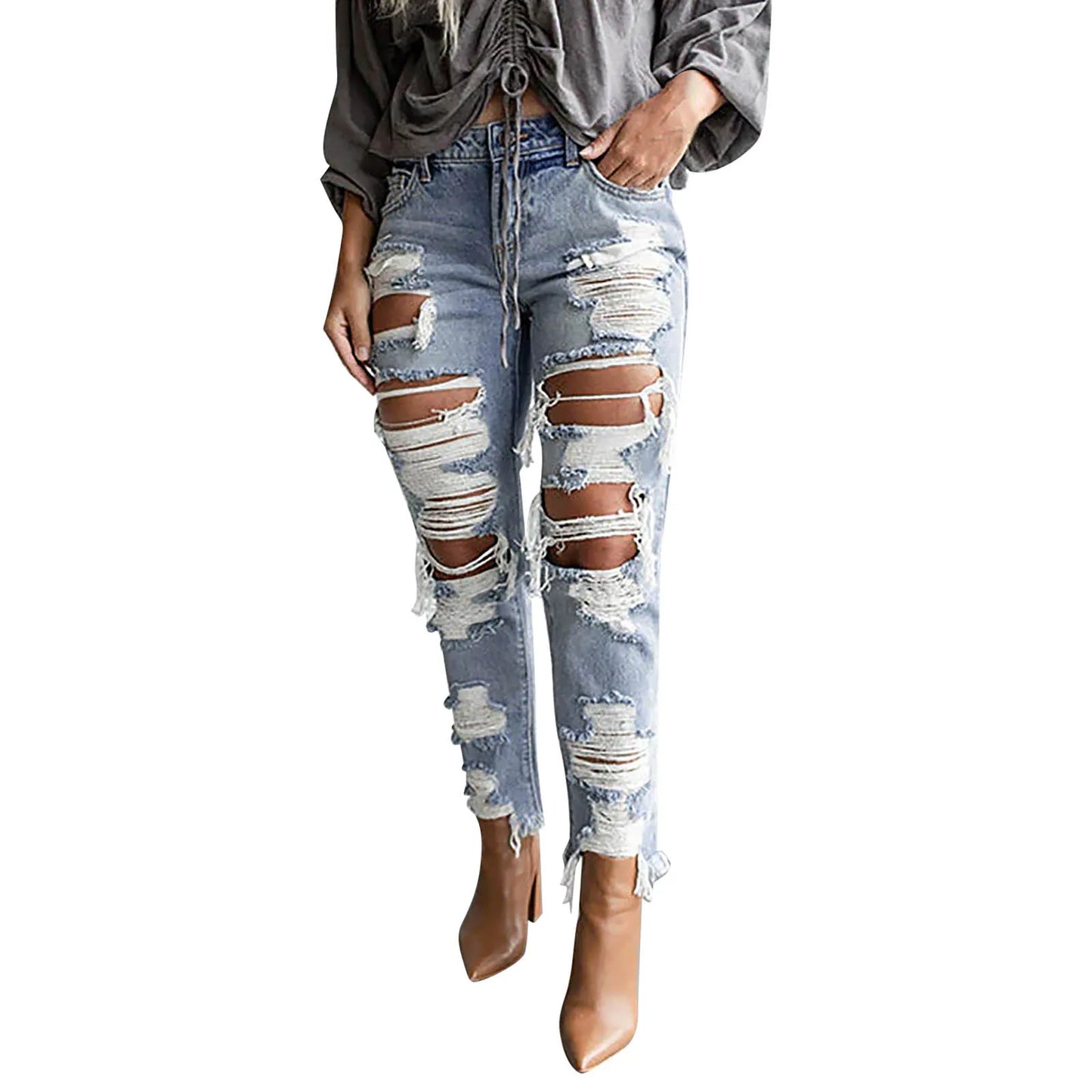 Fashion Streetwear Holes Jeans Women Summer Mid High Waist Distressed Ripped Denim Pants Stylish American Style Jeans Pants