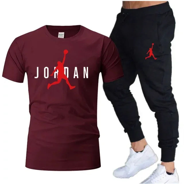 Summer Men's Tracksuit Suit Brand Short Sleeve T-Shirt + Trousers 2-Piece Sets Fitness Jogging Sports Pants Sportswear Suit