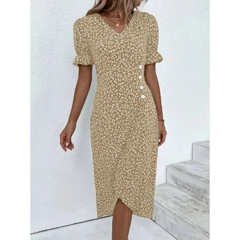 Elegant Floral Pleated H shaped Midi Dress Female V Neck Puff Sleeve Waist Ruched Button Dresses Women Summer Dress