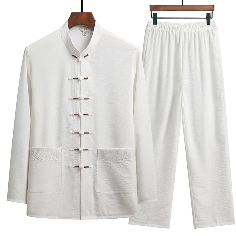 Chinese Traditional Clothing Set Man Fall Linen Buckle Shirt Oriental Retro Top Pants Tai Chi Breathable Uniforms